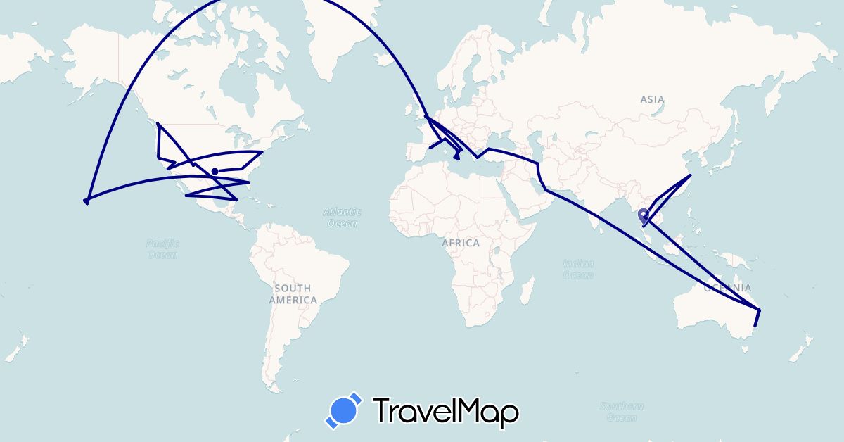 TravelMap itinerary: driving in United Arab Emirates, Australia, Canada, China, Spain, France, United Kingdom, Greece, Iran, Italy, Mexico, Thailand, Turkey, United States, Vietnam (Asia, Europe, North America, Oceania)
